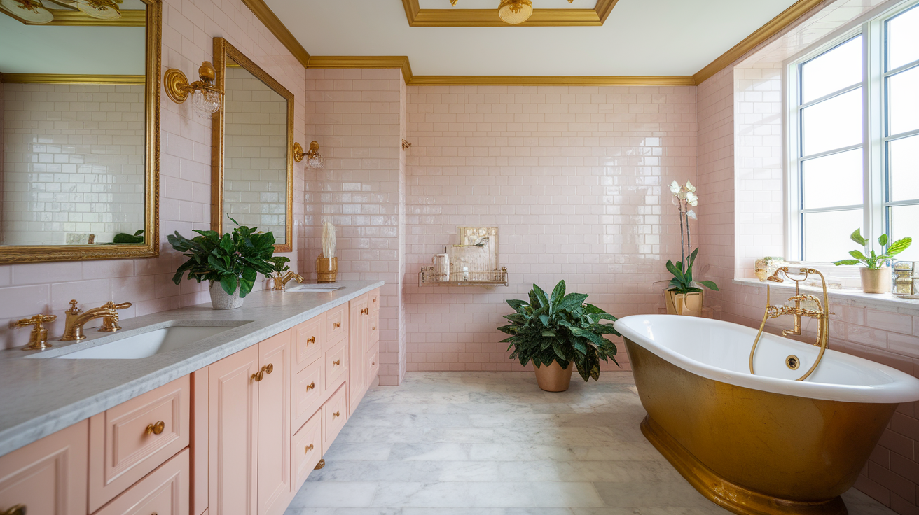 Blush Pink Tiles with Gold Fixtures