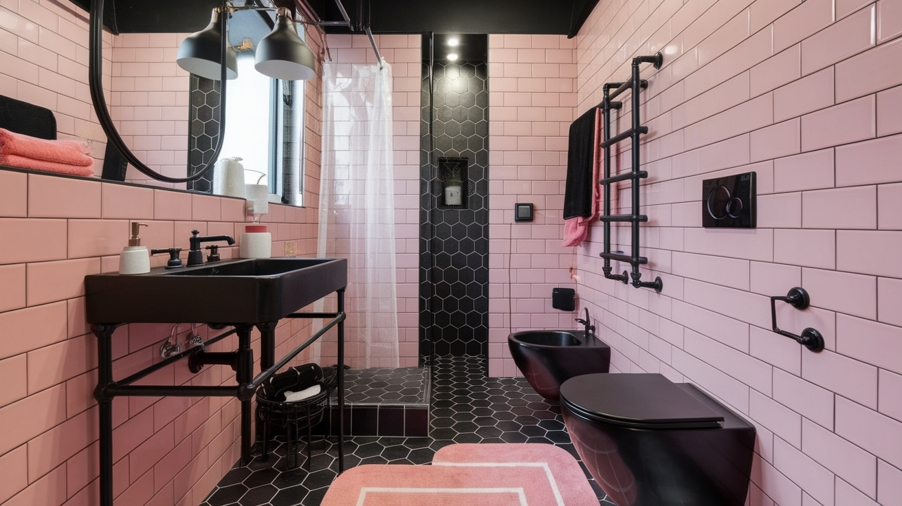 Matte Pink Tiles with Black Accents